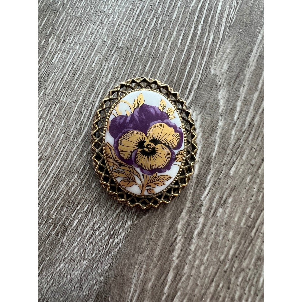 Unbranded Brooch and Pendant Women OS Purple Gold Pansy Floral Filigree Vintage